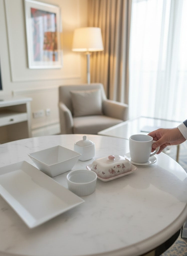 Ceramic Elite Morning Set with platter, ramekin, square bowl, butter container, sugar dish, and 400ml cup with saucer.