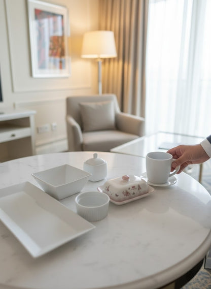 Ceramic Elite Morning Set with platter, ramekin, square bowl, butter container, sugar dish, and 400ml cup with saucer.