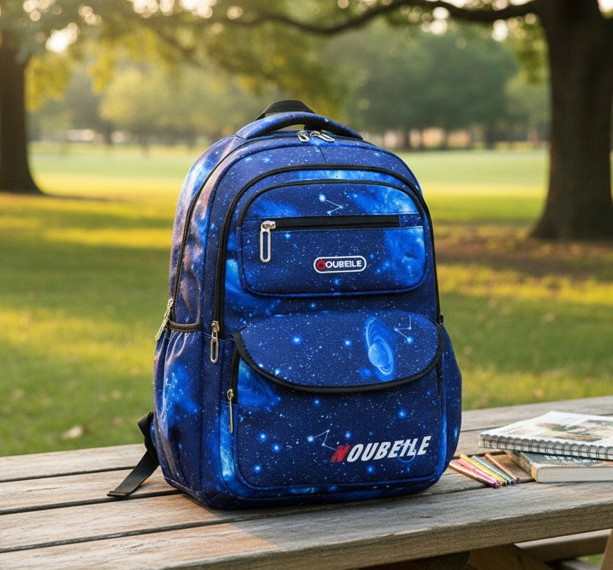 Blue and pink Oxford school backpack with multiple compartments and spacious design