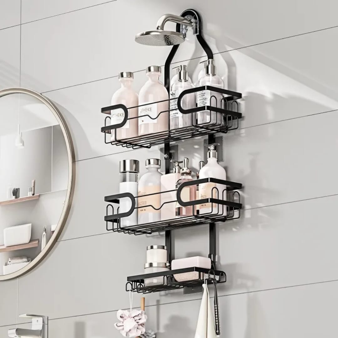 Wall-mounted metal shower organizer rack