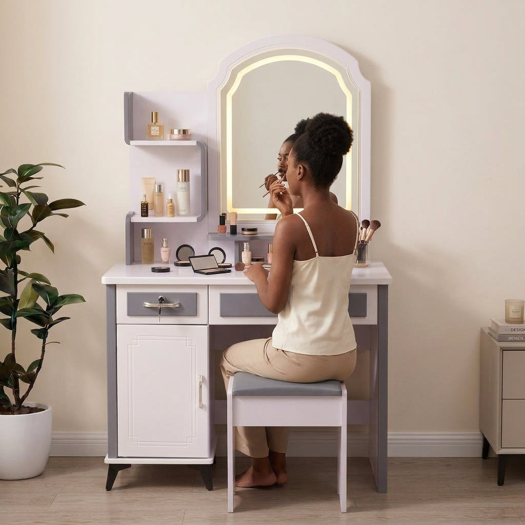 Wooden dressing table with built in LED light and storage drawers for bedroom use