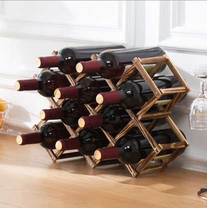 Foldable wooden wine bottle rack with 10 slots for home or restaurant use