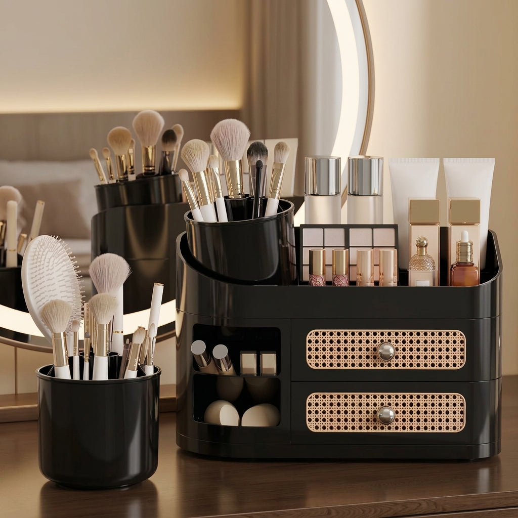 Black ABS Makeup Storage Organiser with Rotating Brush Holder for Dressing Tables and Vanity Areas available in Nairobi, Kenya
