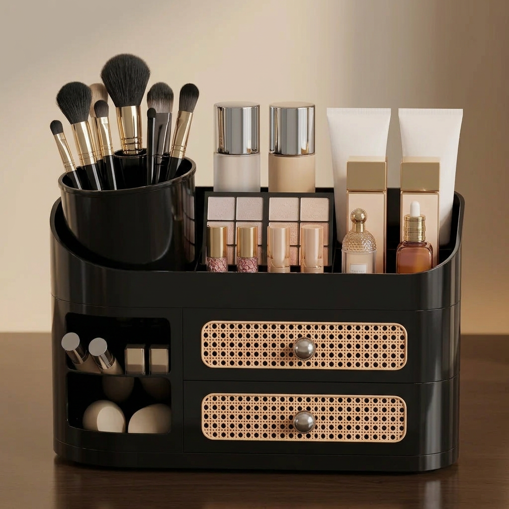 Black Makeup Storage Organiser with Rotating Brush Holder