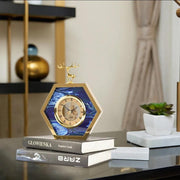 Elk-themed gold and blue desktop clock designed as a decorative and functional timepiece for home or office. 