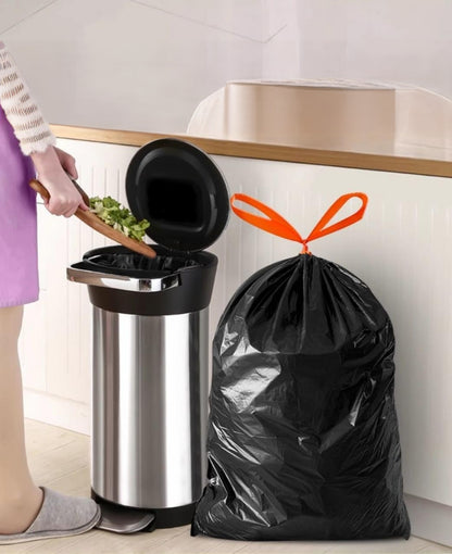 100 Piece pack of extra strong drawstring trash bags with leak-resistant material for household and office waste disposal