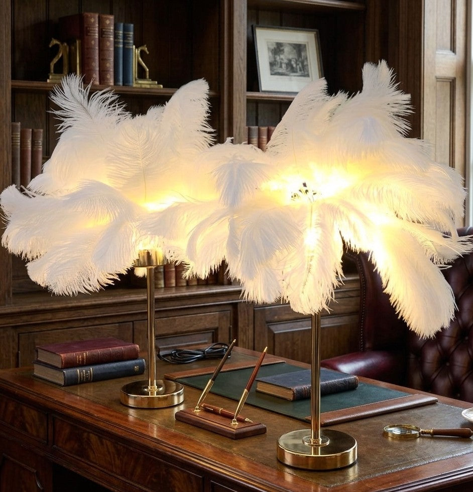 Modern bedside LED table lamp with soft white feather shade for elegant home décor