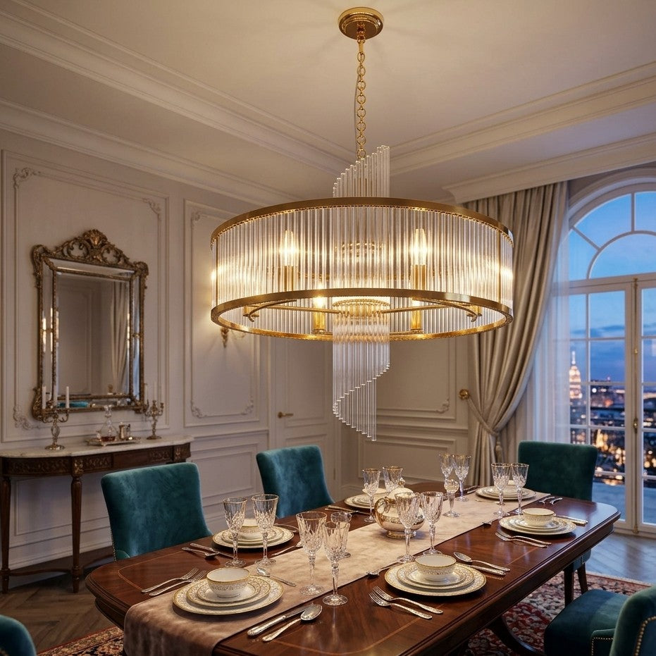 Crystal Waterfall Chandelier Gold Brass Dual Layer Ceiling Light