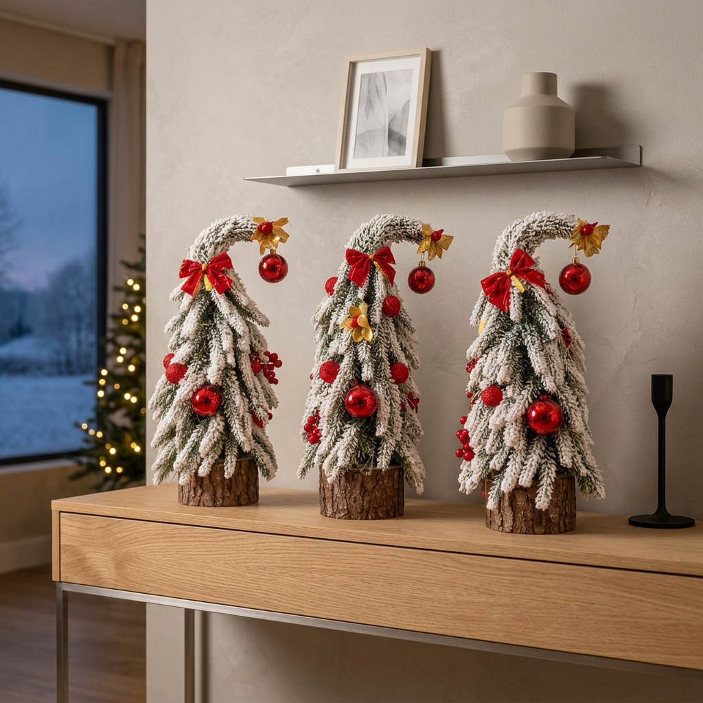 Decorated Snow Flocked Mini Christmas Tree with Red and Gold Ornaments