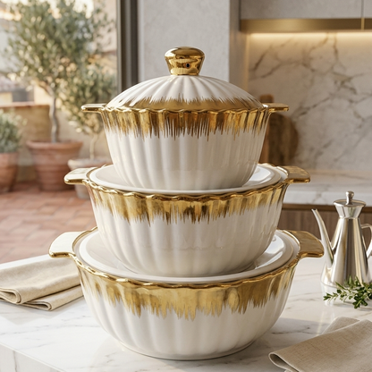 3 in 1 Cream white and gold chafing dish set for elegant food warming and buffet serving