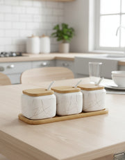 Nordic ceramic seasoning jars with lids, spoons, and tray set of three