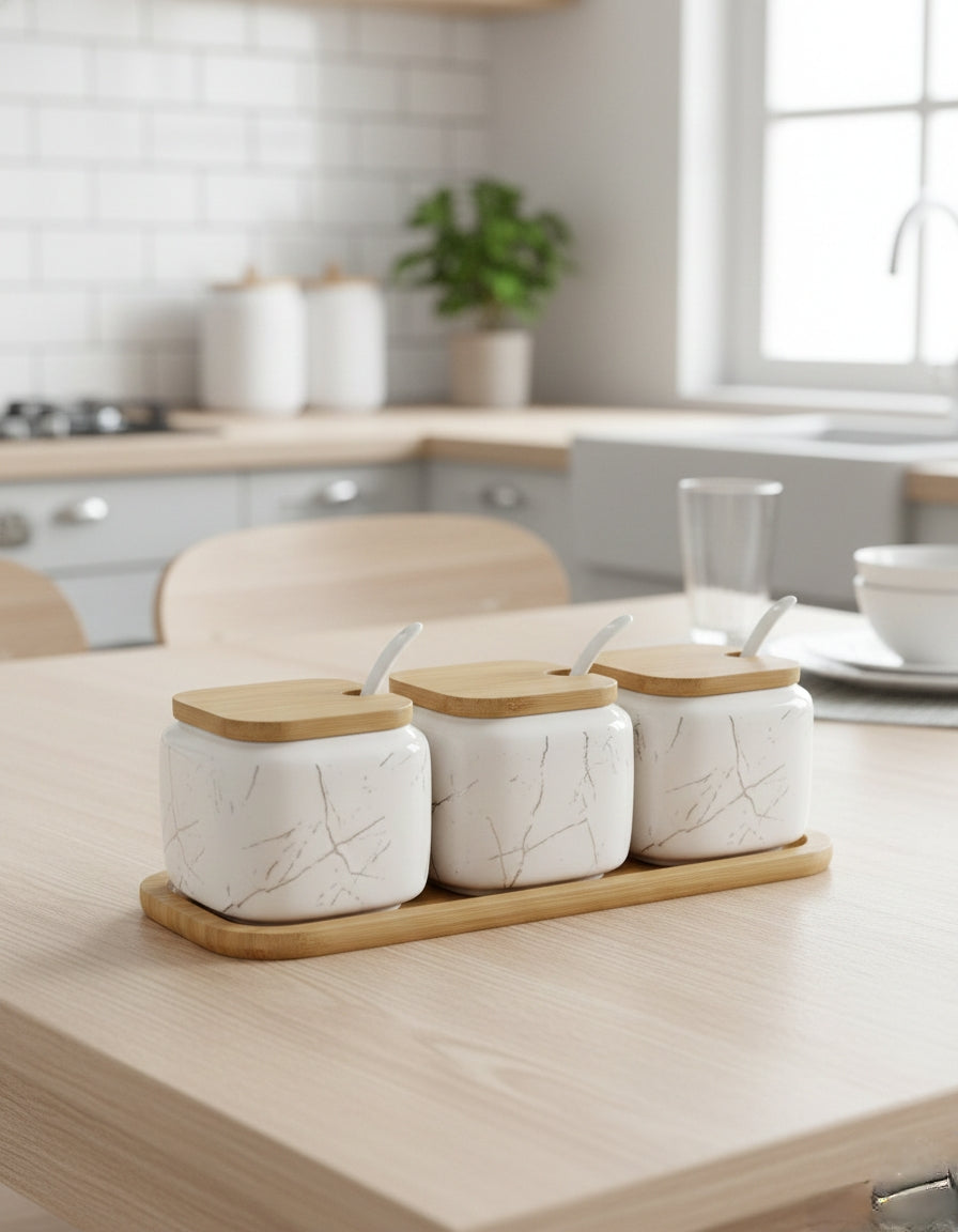Nordic ceramic seasoning jars with lids, spoons, and tray set of three