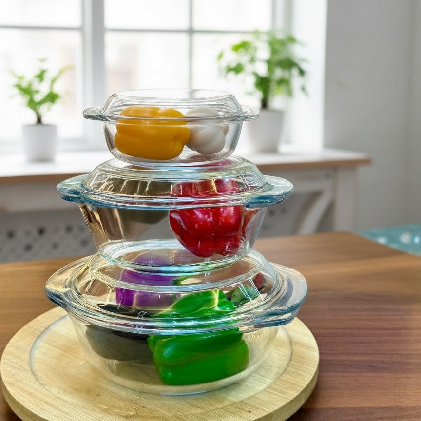 3-Pieces Borosilicate glass casserole set with lids for cooking, serving, and storage