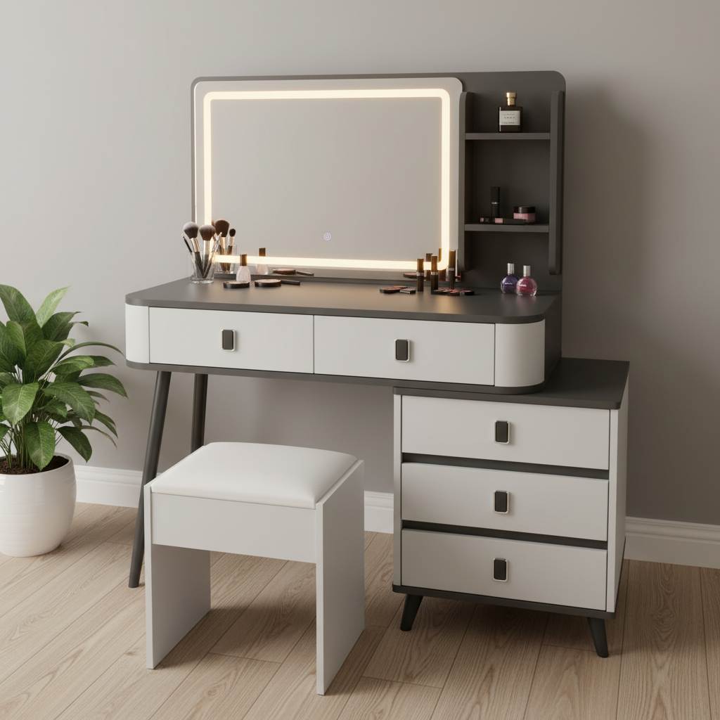 Modern wooden dressing table with LED touch mirror, drawers, side shelves, and cushioned stool