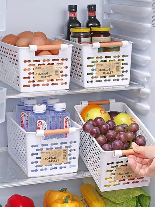 Plastic storage basket with cover for organizing fruits, vegetables, and household items