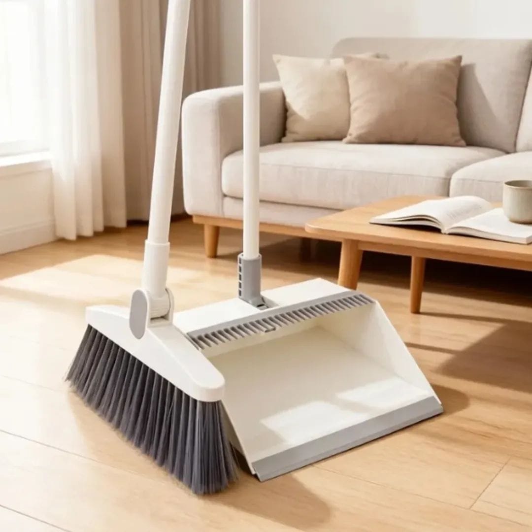 White rotating long broom with floor dustpan, 360-degree cleaning set for corners and edges. 🧹✨