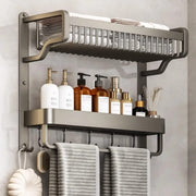 2-Layer Bathroom towel rack with shelves, hooks, and shampoo and mouthwash holders for organized storage