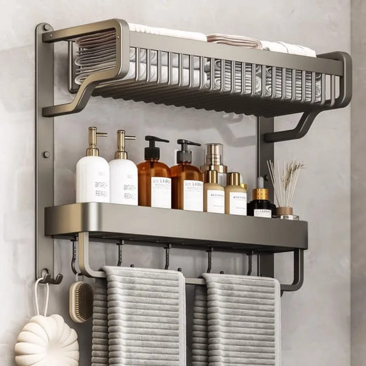 2-Layer Bathroom towel rack with shelves, hooks, and shampoo and mouthwash holders for organized storage