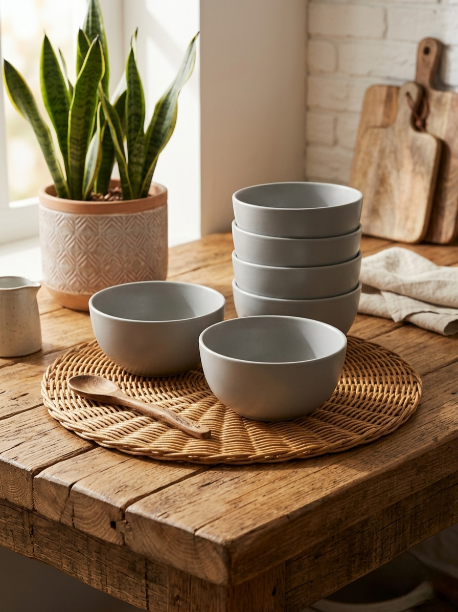 Set of 6 elegant light grey bowls for dining and serving