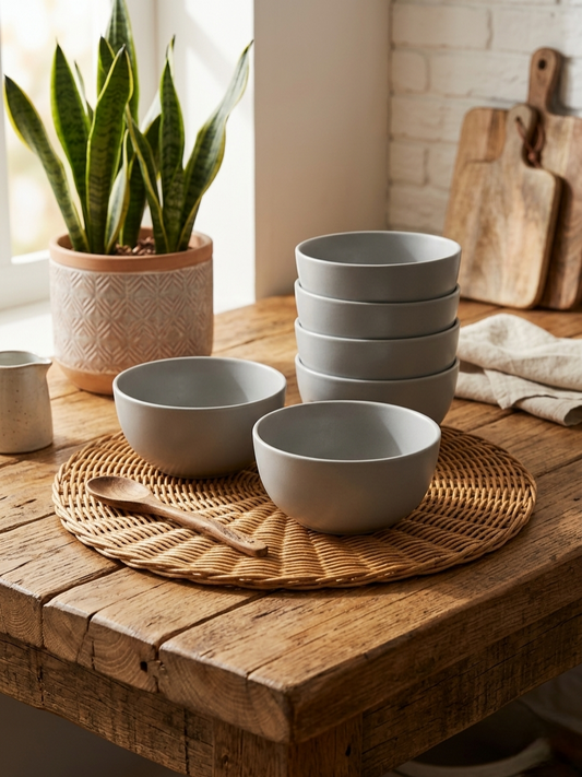 Set of 6 elegant light grey bowls for dining and serving