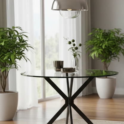 Round Clear Glass Dining Table with Metal legs.
