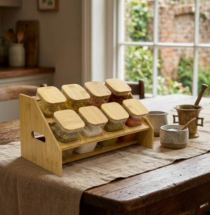 8-Piece borosilicate glass spice jars with bamboo lids rack and labeling stickers