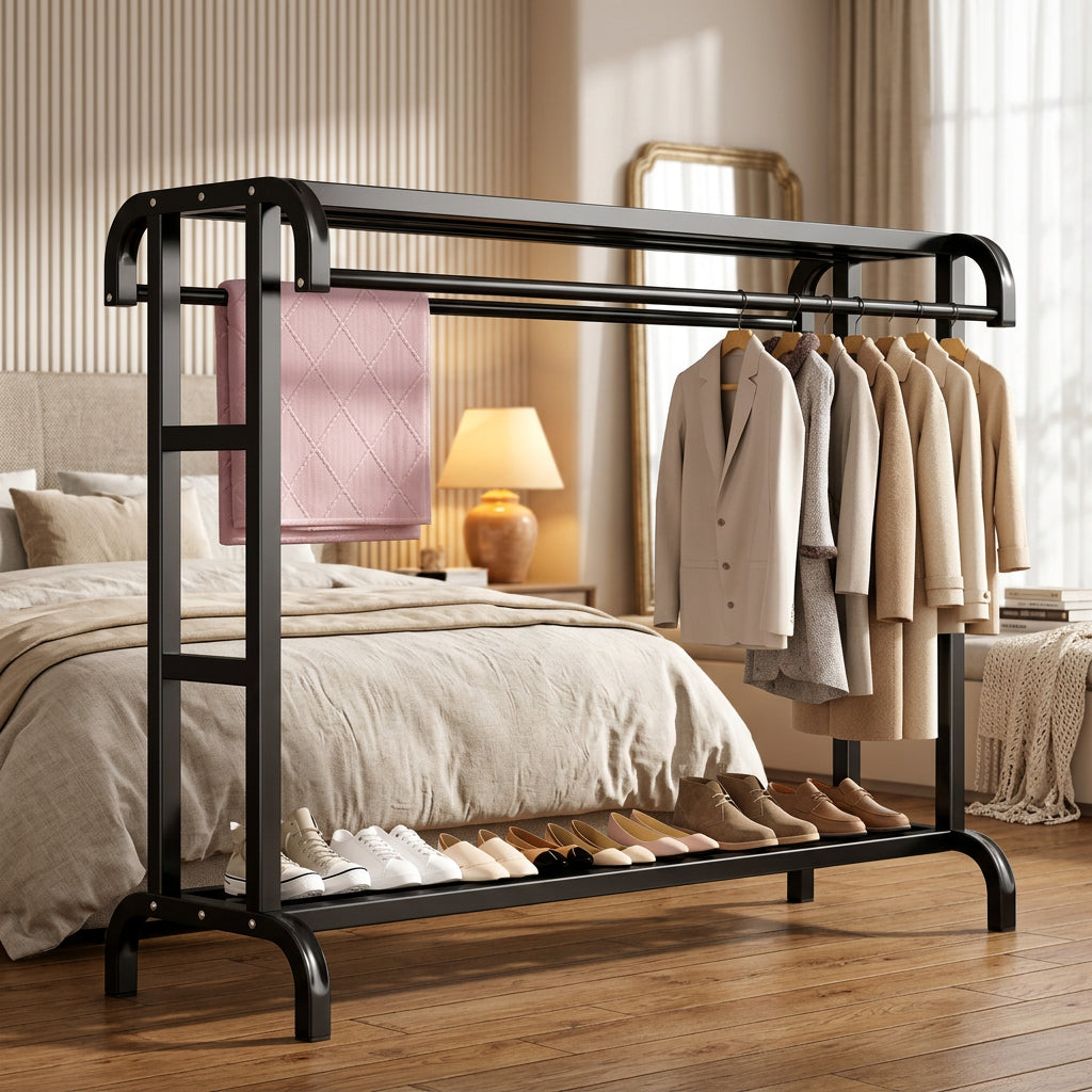 148 × 50.5 × 110cm Multifunctional Clothes Drying Rack with Hanging Rail and Top and Lower Storage Shelves in White or Black available in Nairobi, Kenya