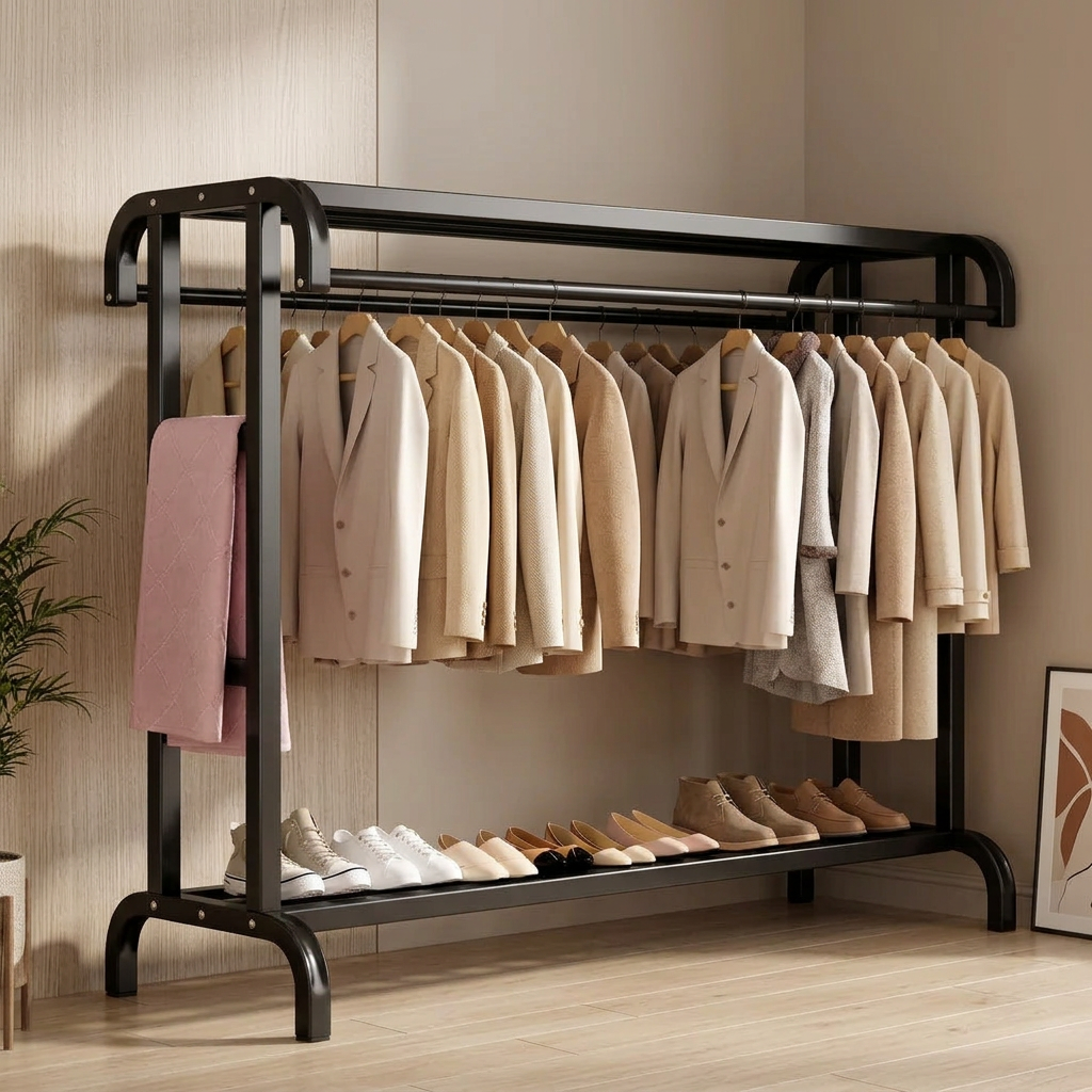 148 × 50.5 × 110cm Multifunctional Clothes Drying Rack with Top and Lower Storage Shelves