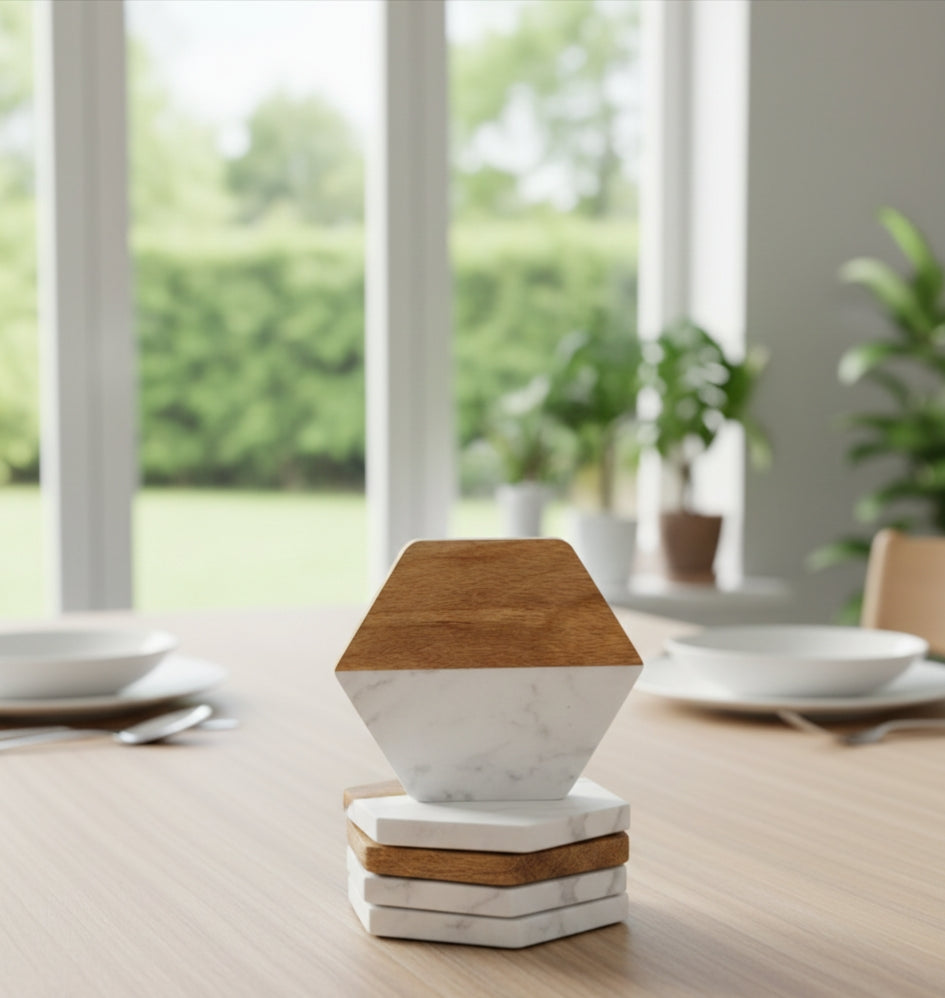6-in-1 Hexagon White Marble And Wood Coasters