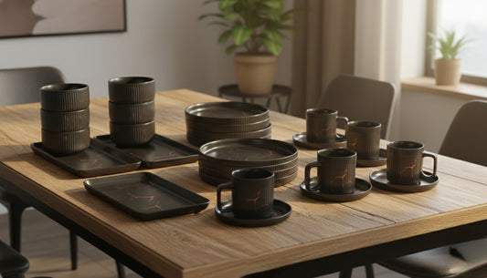 32pcs Matte stoneware marble finish dinner set in black and white marble tones