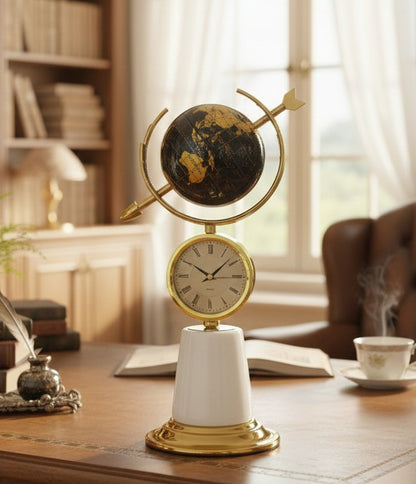 Antique-style globe with quartz clock mounted on a polished marble base
