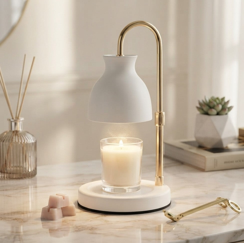Dimmable electric candle warmer made from metal for flameless candle warming and ambient lighting in bedrooms, living rooms, and offices