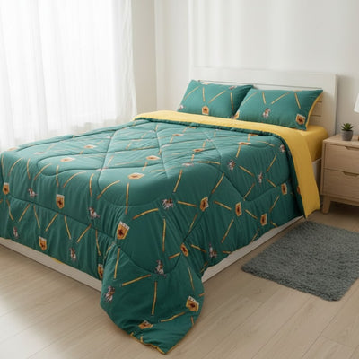 Double-sided cotton duvet set with 1 bedsheet and 2 pillowcases, available in 5×6 and 6×6 sizes.