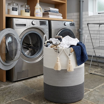 Large cotton rope woven storage basket with handles for stylish home organization