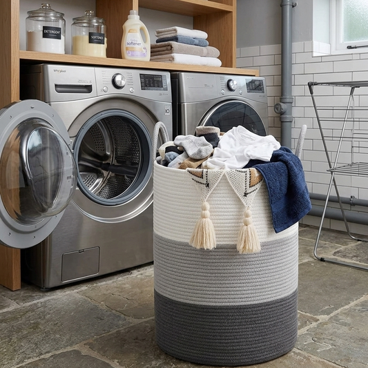 Large cotton rope woven storage basket with handles for stylish home organization