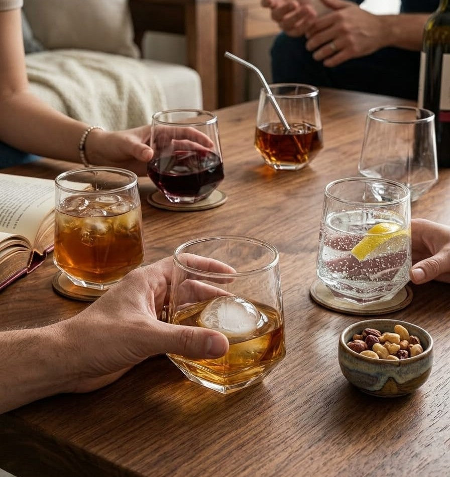 Hexagonal stemless whisky glass with 300 ml capacity, modern design glassware for drinks or gifting.