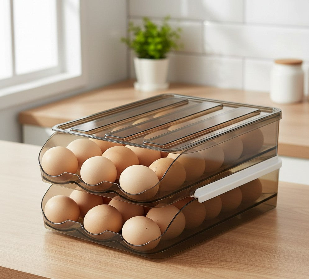 2 layer stackable automatic rolling fridge egg organizer with 36 egg capacity for refrigerator storage