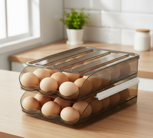 2 layer stackable automatic rolling fridge egg organizer with 36 egg capacity for refrigerator storage