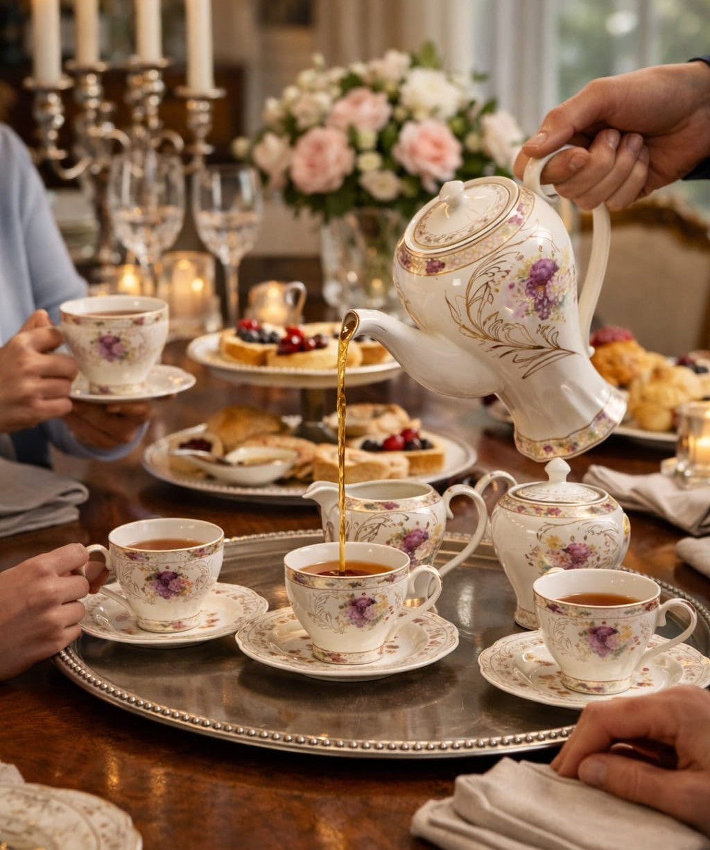 Rose Garden floral porcelain tea set with teapot, milk jug, sugar bowl, 5 cups, and 5 saucers