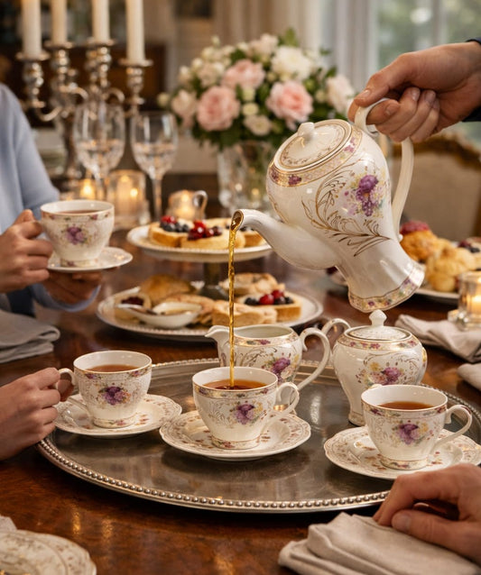 Rose Garden floral porcelain tea set with teapot, milk jug, sugar bowl, 5 cups, and 5 saucers