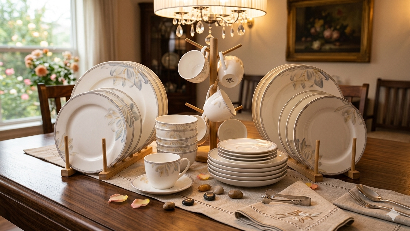 36 Piece white flowered ceramic dinner set including plates, bowls, cups, and saucers for elegant dining
