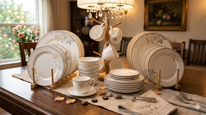 36 Piece white flowered ceramic dinner set including plates, bowls, cups, and saucers for elegant dining
