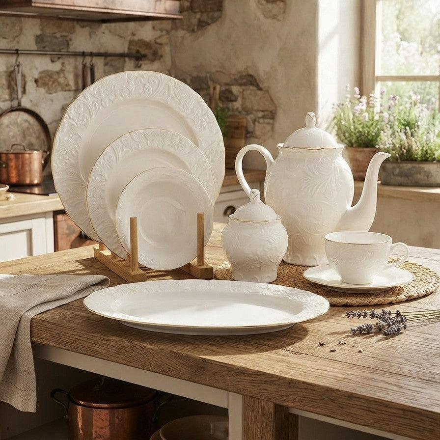39 Piece White Porcelain Dinner Set with Gold Rim