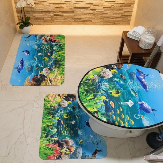 Three piece 3D non slip toilet mat set with heavy grip rubber underside in assorted sizes