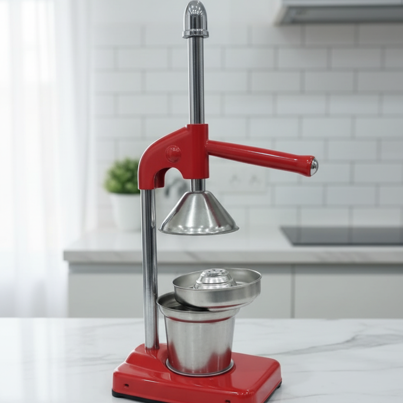 Heavy duty metallic manual citrus juicer stand machine available in multiple colours for fresh juice extraction