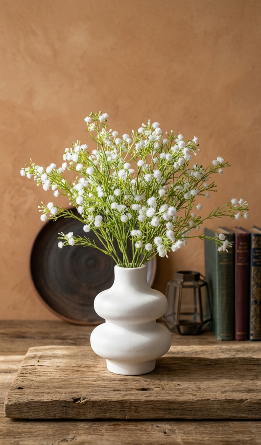 Artificial baby breath flowers in a plastic vase, 28 cm tall