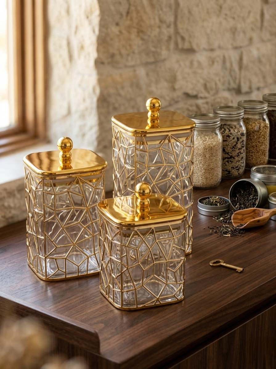 Three transparent acrylic storage jars with decorative gold lines