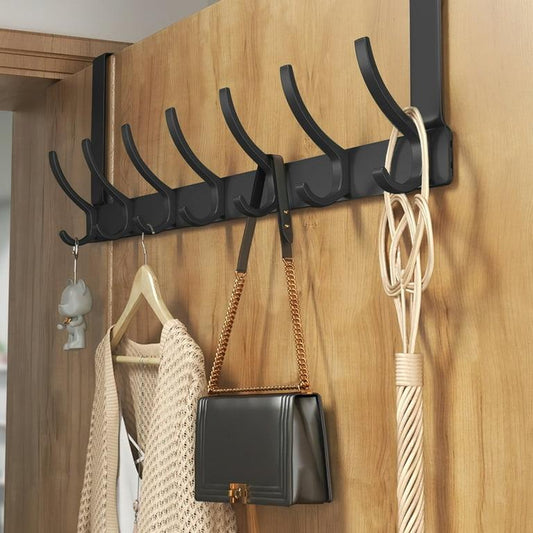 Black stainless steel double hooks over-the-door hanger, space-saving organizer for clothes, towels, and bags