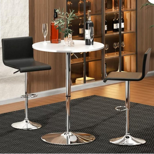 Adjustable round bar table with metal base and height range from 27.5 to 35.7 inches. 