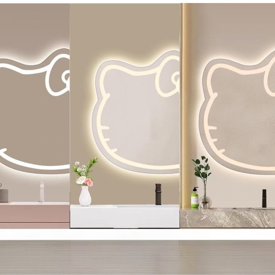 Hello Kitty shaped LED desktop vanity mirror with touch control, adjustable lighting, and white support base.